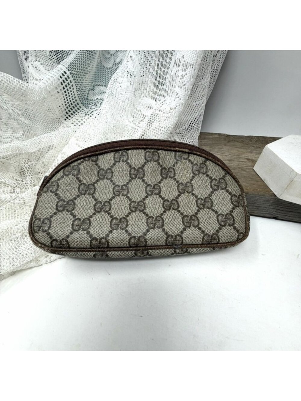 Gucci GG Monogram Canvas Brown Leather Trim Cosmetic Pouch Made In Italy